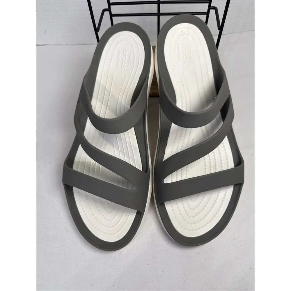 Crocs Women's Strappy Slip-On Sandals White & Gray US 10 Synthetic Upper Logo